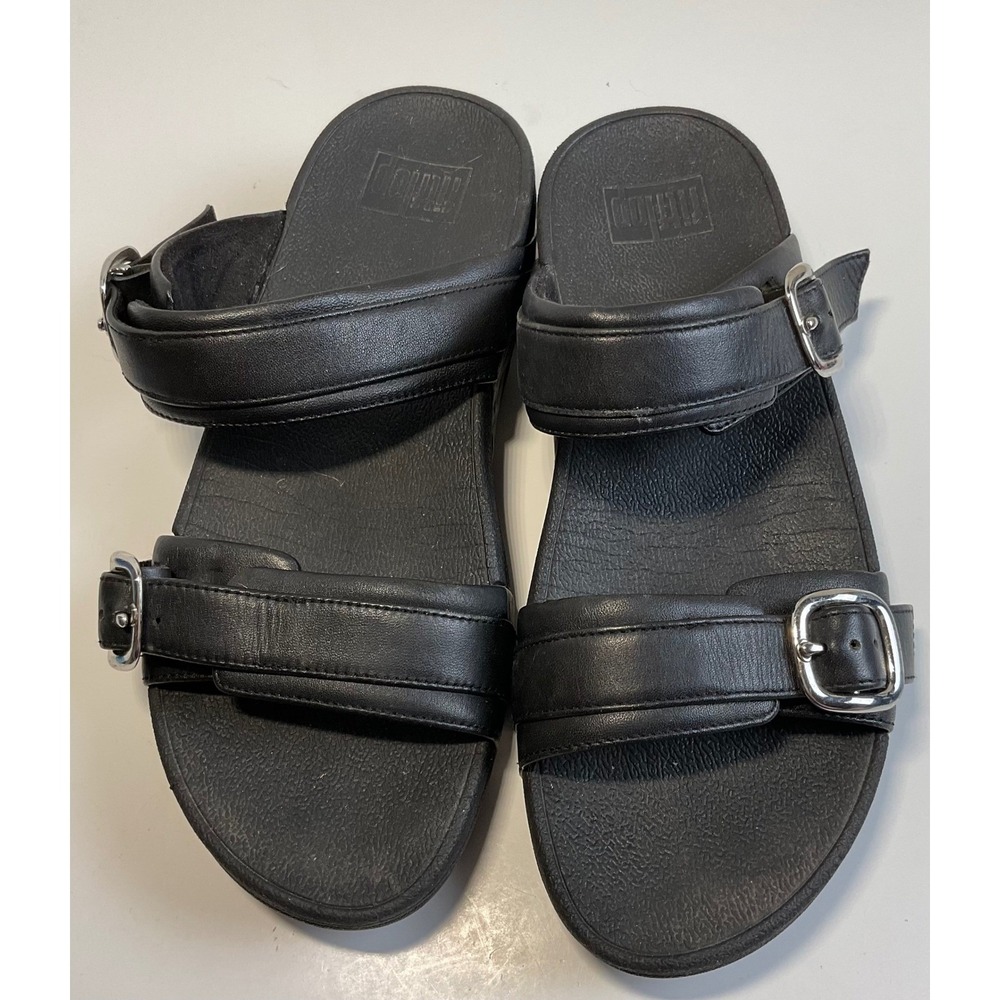 FitFlop Lulu Black Leather Buckle Slide Sandals Microwobbleboard Womens 7